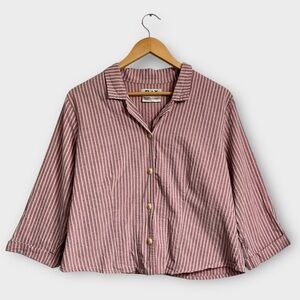 FLAX Linen Striped Button Down Top Cropped Women’s Small Cotton Pink
